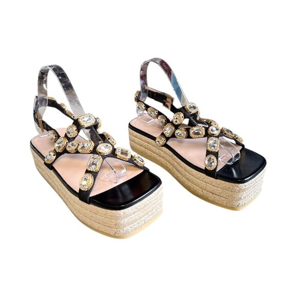 GUCCI Pepita Crystal Espadrille Sandal EU 38.5 US 8.5 Black Leather Platform - Picture 1 of 9